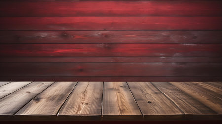 Close up of a wooden table in front of a red wall. Rustic Backdrop with Copy Spaceの素材