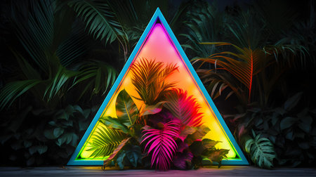 Multicolor Neon Triangle surrounded by Tropical Leaves. Exotic backdrop with copy spaceの素材
