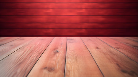 Close up of a wooden table in front of a red wall. Rustic Backdrop with Copy Spaceの素材