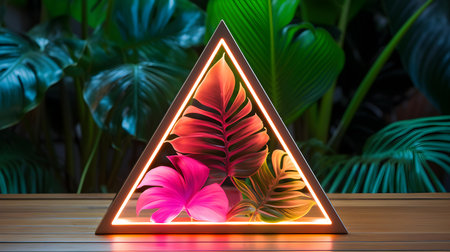 White Neon Triangle surrounded by Tropical Leaves. Exotic backdrop with copy spaceの素材