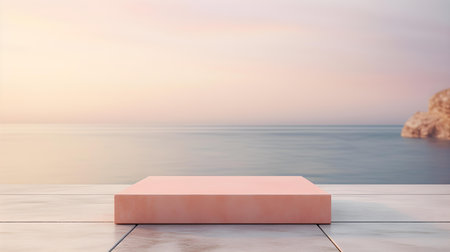Square Stone Podium in light pink Colors in front of a blurred Seascape. Luxury backdrop for product presentationの素材