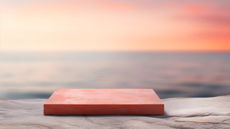 Square Stone Podium in red Colors in front of a blurred Seascape. Luxury backdrop for product presentationの素材