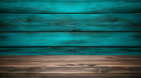 Close up of a wooden table in front of a turquoise wall. Rustic Backdrop with Copy Spaceの素材