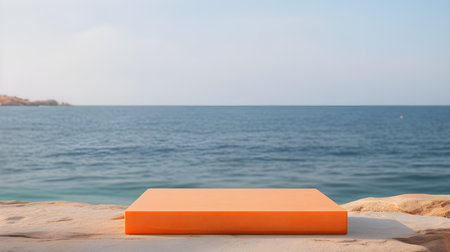 Square Stone Podium in orange Colors in front of a blurred Seascape. Luxury backdrop for product presentationの素材