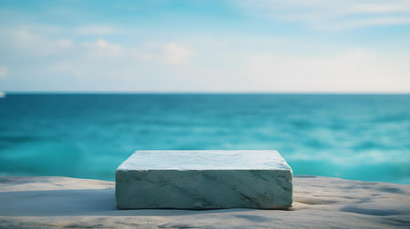 Square Stone Podium in turquoise Colors in front of a blurred Seascape. Luxury backdrop for product presentationの素材
