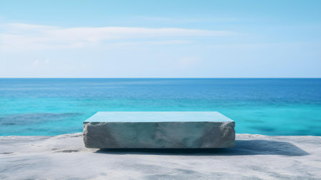 Square Stone Podium in turquoise Colors in front of a blurred Seascape. Luxury backdrop for product presentationの素材