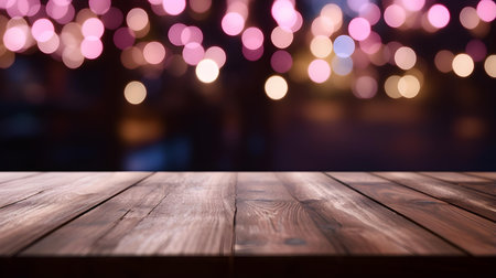 Close up of a wooden table in front of pink bokeh lights. Festive backdrop with copy spaceの素材