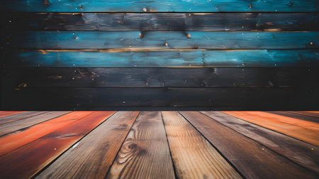 Close up of a wooden table in front of a turquoise wall. Rustic Backdrop with Copy Spaceの素材