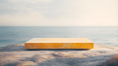 Square Stone Podium in yellow Colors in front of a blurred Seascape. Luxury backdrop for product presentationの素材
