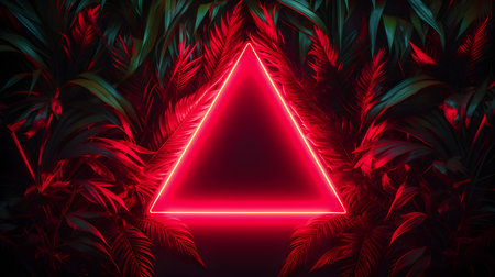 Red Neon Triangle surrounded by Tropical Leaves. Exotic backdrop with copy spaceの素材