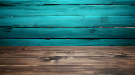 Close up of a wooden table in front of a turquoise wall. Rustic Backdrop with Copy Spaceの素材