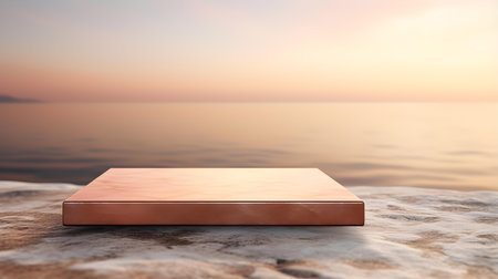 Square Stone Podium in rose gold colors in front of a blurred seascape. Luxury backdrop for product presentationの素材