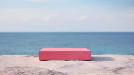 Square Stone Podium in hot pink Colors in front of a blurred Seascape. Luxury backdrop for product presentationの素材