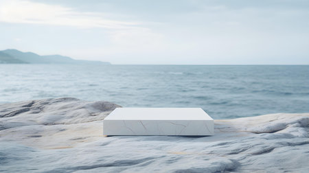 Square Stone Podium in white Colors in front of a blurred Seascape. Luxury backdrop for product presentationの素材