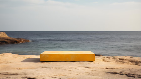 Square Stone Podium in yellow Colors in front of a blurred Seascape. Luxury backdrop for product presentationの素材
