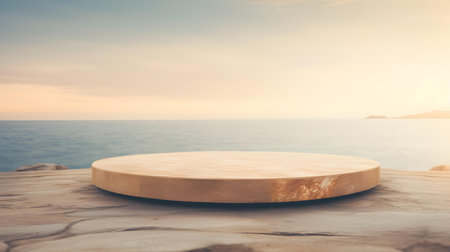 Round Stone Podium in beige Colors in front of a blurred Seascape. Luxury backdrop for product presentationの素材