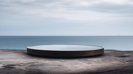 Round Stone Podium in anthracite Colors in front of a blurred Seascape. Luxury backdrop for product presentationの素材