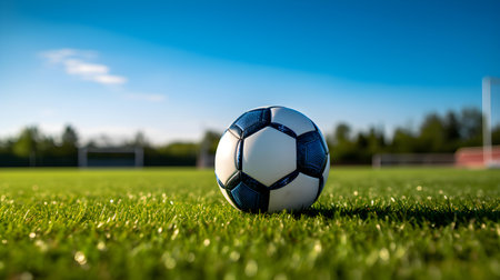 Close up of a soccer ball with white and blue patterns. Blurred Football Pitch Backgroundの素材