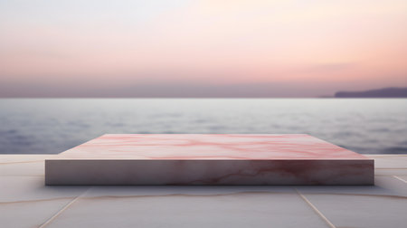 Square Marble Podium in burgundy Colors in front of a blurred Seascape. Luxury backdrop for product presentationの素材