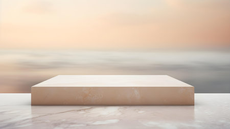 Square Marble Podium in beige Colors in front of a blurred Seascape. Luxury backdrop for product presentationの素材