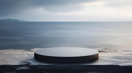 Round Stone Podium in black Colors in front of a blurred Seascape. Luxury backdrop for product presentationの素材