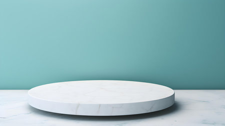 Round Stone Podium in front of a cyan Studio Background. White Pedestal for Product Presentationの素材
