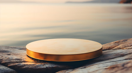Round Stone Podium in gold Colors in front of a blurred Seascape. Luxury backdrop for product presentationの素材