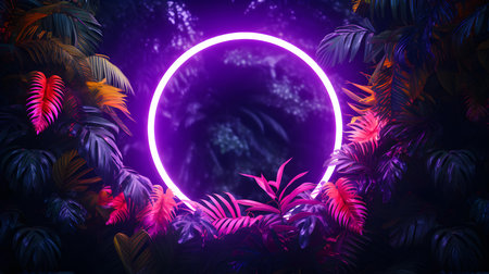 Dark Purple Neon Circle surrounded by Tropical Leaves. Exotic backdrop with copy spaceの素材