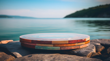 Round Stone Podium in multiple Colors in front of a blurred Seascape. Luxury backdrop for product presentationの素材
