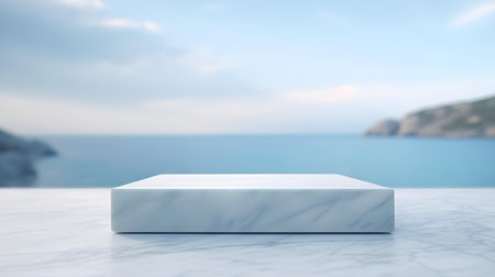Square Marble Podium in light blue Colors in front of a blurred Seascape. Luxury backdrop for product presentationの素材