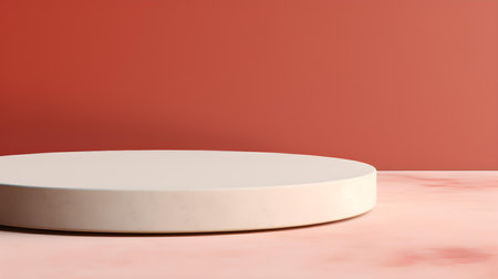 Round stone podium in front of a light red studio background. White Pedestal for Product Presentationの素材