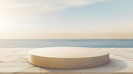 Round Stone Podium in ivory Colors in front of a blurred Seascape. Luxury backdrop for product presentationの素材