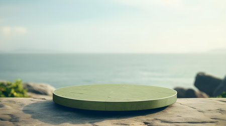 Round Stone Podium in green Colors in front of a blurred Seascape. Luxury backdrop for product presentationの素材