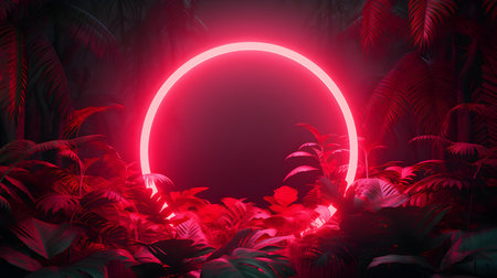 Light Red Neon Circle surrounded by Tropical Leaves. Exotic backdrop with copy spaceの素材