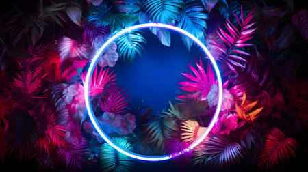Light Blue Neon Circle surrounded by Tropical Leaves. Exotic backdrop with copy spaceの素材