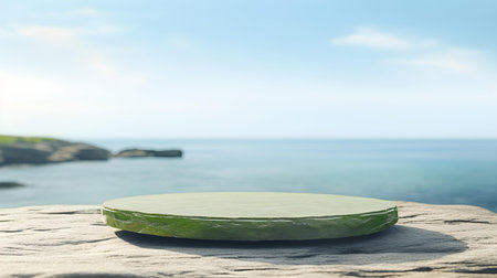 Round Stone Podium in light green Colors in front of a blurred Seascape. Luxury backdrop for product presentationの素材