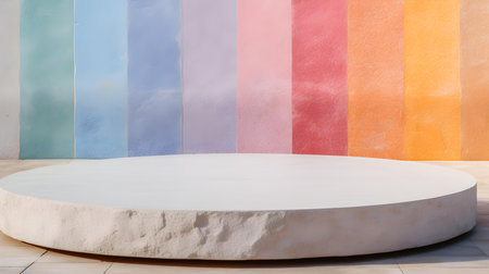 Round Stone Podium in front of a multicolor Studio Background. White Pedestal for Product Presentationの素材