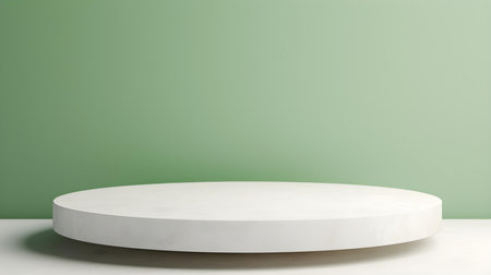 Round stone podium in front of a light green studio background. White Pedestal for Product Presentationの素材