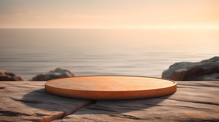 Round Stone Podium in light orange colors in front of a blurred seascape. Luxury backdrop for product presentationの素材