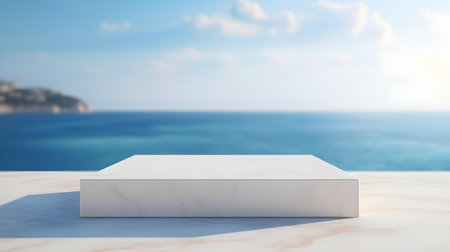 Square Marble Podium in white Colors in front of a blurred Seascape. Luxury backdrop for product presentationの素材