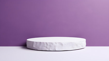 Round Stone Podium in front of a purple Studio Background. White Pedestal for Product Presentationの素材
