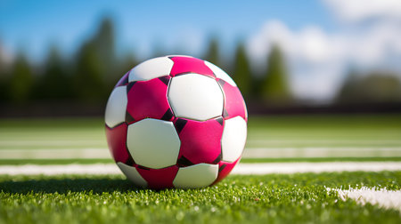 Close up of a soccer ball with white and pink patterns. Blurred Football Pitch Backgroundの素材