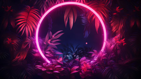 Magenta Neon Circle surrounded by Tropical Leaves. Exotic backdrop with copy spaceの素材
