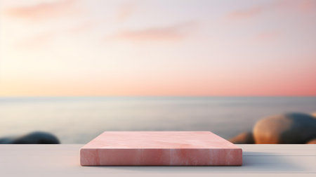 Square Marble Podium in light red Colors in front of a blurred Seascape. Luxury backdrop for product presentationの素材