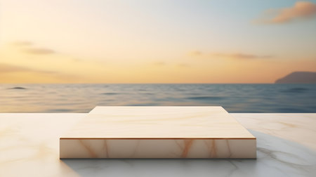 Square Marble Podium in light yellow Colors in front of a blurred Seascape. Luxury backdrop for product presentationの素材