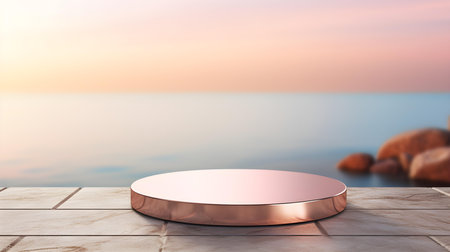 Round Stone Podium in rose gold Colors in front of a blurred Seascape. Luxury backdrop for product presentationの素材