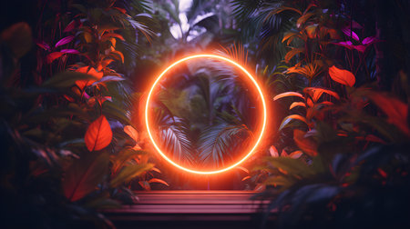 Orange Neon Circle surrounded by Tropical Leaves. Exotic backdrop with copy spaceの素材