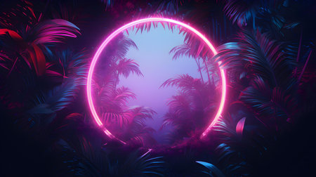 Pink Neon Circle surrounded by Tropical Leaves. Exotic backdrop with copy spaceの素材