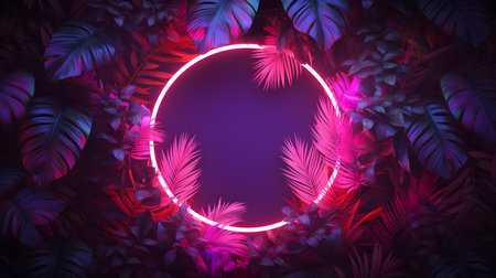 Pink Neon Circle surrounded by Tropical Leaves. Exotic backdrop with copy spaceの素材