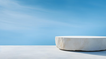 Round stone podium in front of a sky blue studio background. White Pedestal for Product Presentationの素材